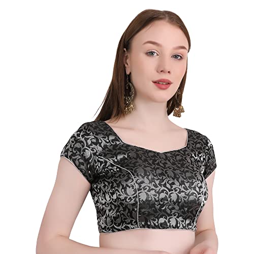 Image of Women's Short Sleeve Brocade (Chanderi) Readymade Stitched Saree Blouse Ready to Wear Half Sleeves Ladies Blouse