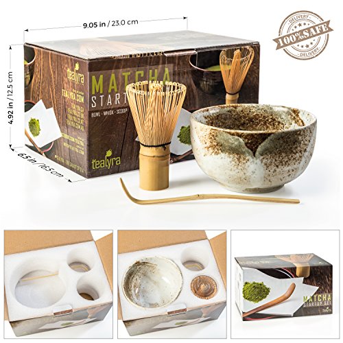 Tealyra - Matcha - Start Up Kit - 3 items - Matcha Green Tea Gift Set - Japanese Made Beige Bowl - Bamboo Whisk and Scoop - Gift Box