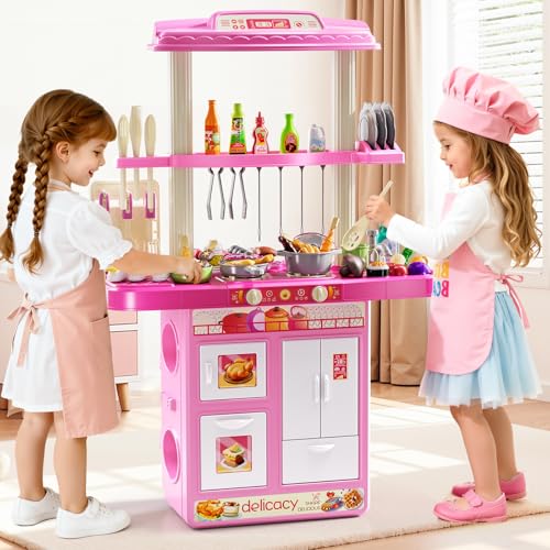 XINNOVEL Kids Play Kitchen Set, 2-in-1 Toddler Kitchen Playset with Sound & Light, Paly Sink with 60Pcs Play Food Toy and Kitchen Accessories, Kitchen Toys for Toddlers Kids Girls 3 4 5 by XINNOVEL - Image 5