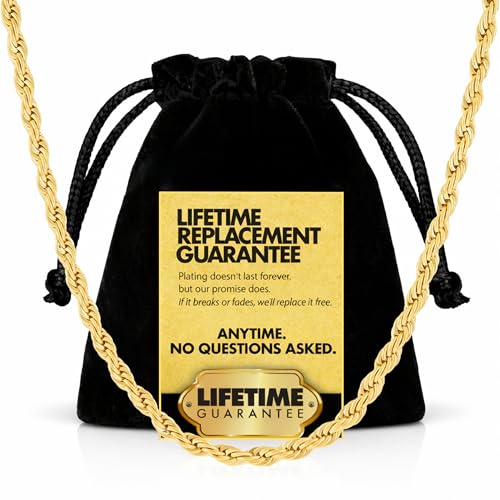 Image of LIFETIME JEWELRY 24K Gold Rope Chain for Men Women - 10X Thicker Real Gold Plated Diamond Cut 3mm Necklace - Made in USA with Lifetime Replacement, 5mm, Gold Plated, No Gemstone