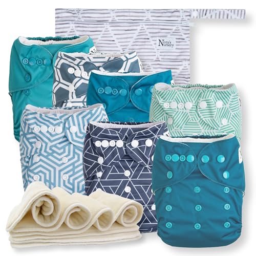 Image of Nora's Nursery Cloth Diapers 7 Pack with 7 Inserts & 1 Wet Bag - Waterproof Cover,Washable, Reusable & One Size Adjustable Pocket Diapers for Newborns and Toddlers-Dimensional Blues