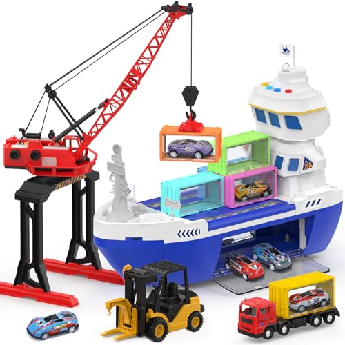 cute stone - cute stone Interactive Toy Boat with Lights & Sounds, 2-in-1 Push-Go Cargo Ship and Tower Crane, Construction Playset for Kids, Boys and Girls
