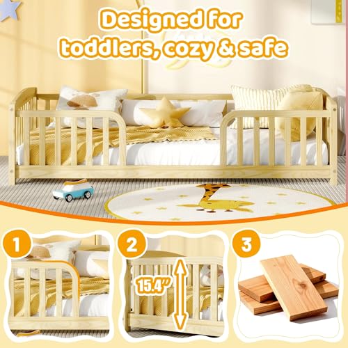 Image of Bellemave Twin Size Montessori Floor Bed Frame with High Fence, Solid Wood Kids Floor Bed with Central Entrance, Low Profile Bed for Boys & Girls, Rounded Corner Design,Natural