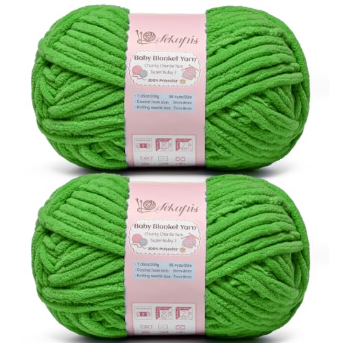 Image of 2 Pack Lime Green 14.1 oz /196.8 yds Chunky Chenille Yarn for Crocheting, #7 Super Bulky Baby Blanket Yarn for Crocheting Soft, Fluffy Velvet Yarn for Knitting, Amigurumi Crochet Yarn for Crafts