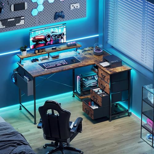 Image of VERMESS 47 inch Reversible L Shaped Gaming Computer Desk, Corner Desk with Power Outlets & Monitor Stand, Writing Study Table with 4 Storage Drawers, Desk with LED Lights, Rustic Brown