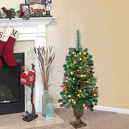 Juegoal 3 Ft Christmas Tree, Pre-Lit Crestwood Spruce Entrance Tree With 100 Leds Fairy Lights, Pine Cones, Red Berries In Gold Urn Base For Front Door, Porch, Entryway Xmas Home Decorations, 1 Pack #TOP6