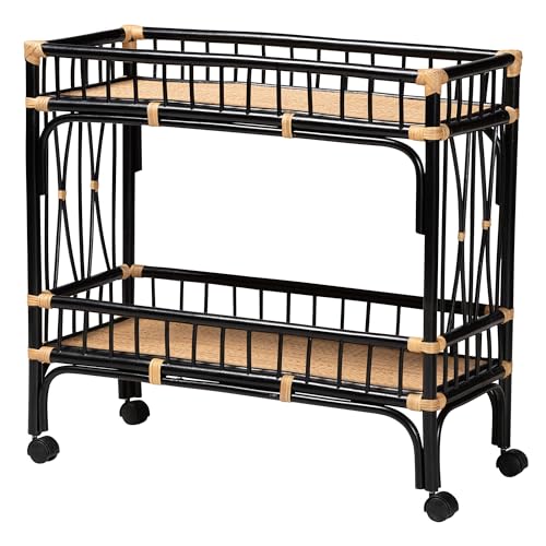Bali & pari Dalinda Modern Bohemian Two-Tone Black and Natural Rattan 2-Tier Kitchen Cart