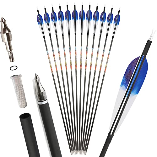 wolfman 30 Inch Archery Pure Carbon Arrows Spine 250-600 Hunting Arrow Compound Arrow Recurve Arrow with 5" Nature Feather Target Arrow for Recurve Bow Compound Bow (SP250, Blue)