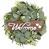 VALICLUD 33CM Künstliche Eukalyptus Kranz Willkommen Türschild Türkranz Vintage Rustikales Holzschild für Zuhause Büro Hochzeit Ostern Party Wanddeko Haustür Dekoration Frühlingsdeko Grün