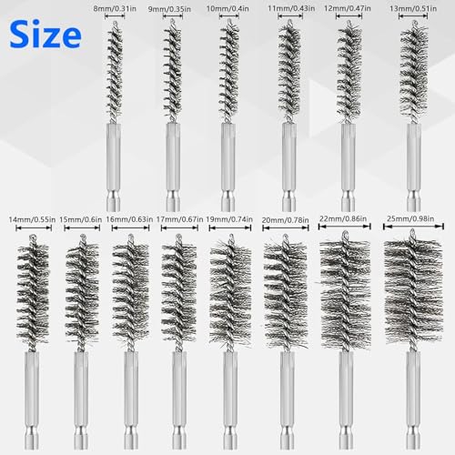 Image of 14-Pack Bore Brush Set Stainless Steel Wire Brush Bore Cleaning Brush Set for Power Drill Cleaning, 8mm-25mm Pipe Cleaning Brush Set Abrasive Wire Brush with 1 /4 inch Hex Shank for Power Drill Rotary Tool