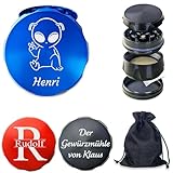 KDO MAGIC - Grinder personalisiert - 55 x 41mm - Gravierter Vorname - Mehrere Farben - Anpassbare Gewürzmühle - Hochwertige Tabakmühle aus Metall - Geschenkidee zum Geburtstag (Alien-Modell)