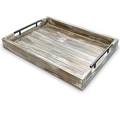 Decorative Large Rustic Wooden Tray 195” Black Sleek Metal Handles Great for Kitchen Serving Coffee Wine Dinning Centerpiece Breakfast in Bed Bathtub Accessory Farmhouse Home Décor White