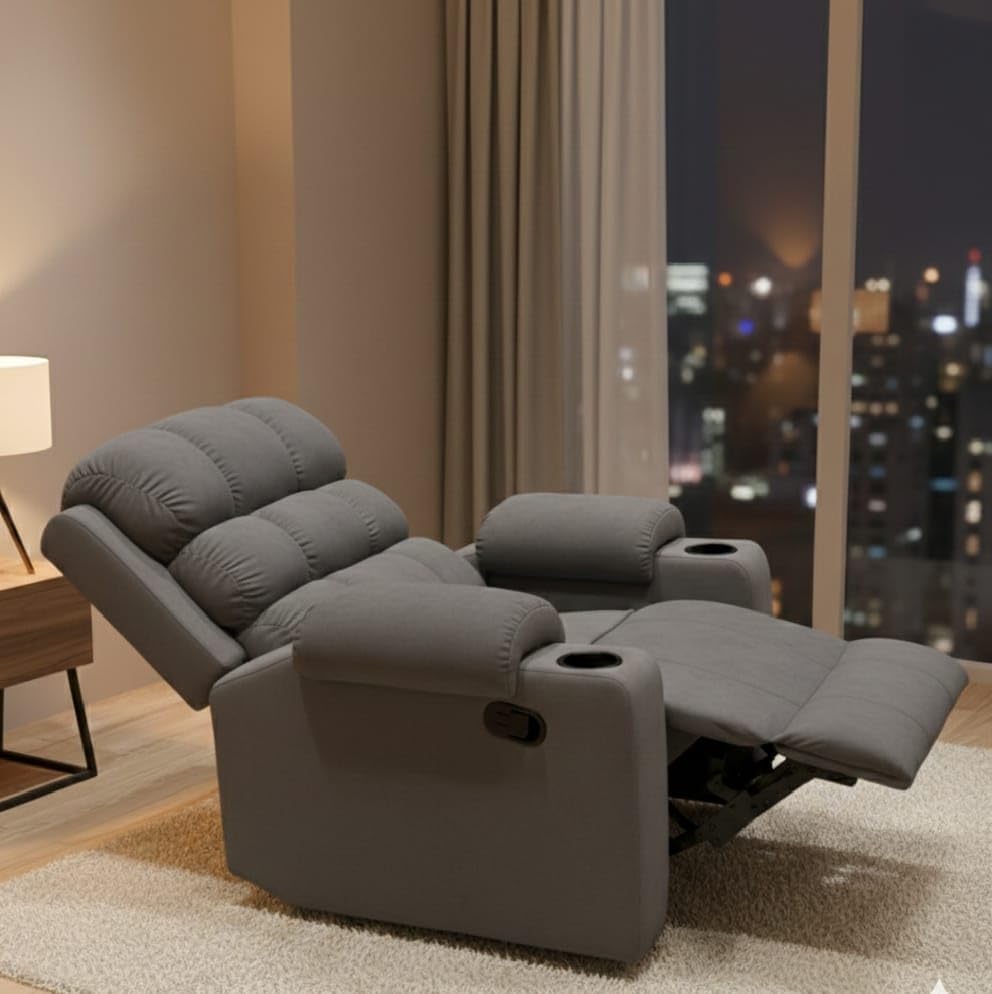 Image of Shah Recliner Cloud-Soft Single Seater Manual Recliner Chair with Cup Holder and Padded Armrest (Grey)