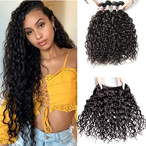 XYHair Water Wave Human Hair 4 Bundles Grade 7A Brazilian 100% Unprocessed Virgin Remy Hair Extensions Natural Black(16161818)