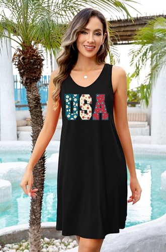 Image of LHBNK 4th of July Dress for Women: American Flag Tank Dresses Star Striped Splicing Loose V Neck Sundresses