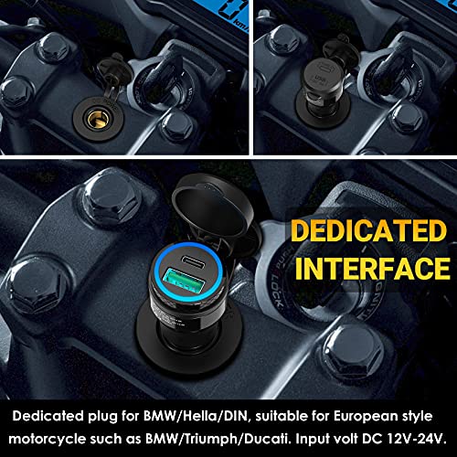 Image of [2 Pack] Din Hella to USB - Qidoe MINI Waterproof Aluminum Din Plug Motorcycle Power Adapter 30W USB C PD3.0 Din USB 18W QC3.0 Quick Charge Blue LED Ring 12V /24V Ducati Triumph Motorcycle Accessories