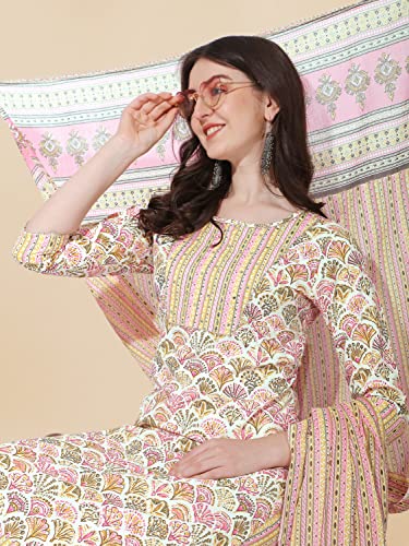 Image of MIRCHI FASHION Pure Cotton Women Straight Print & Thread Embroidery Kurti Set with Dupatta & Pant