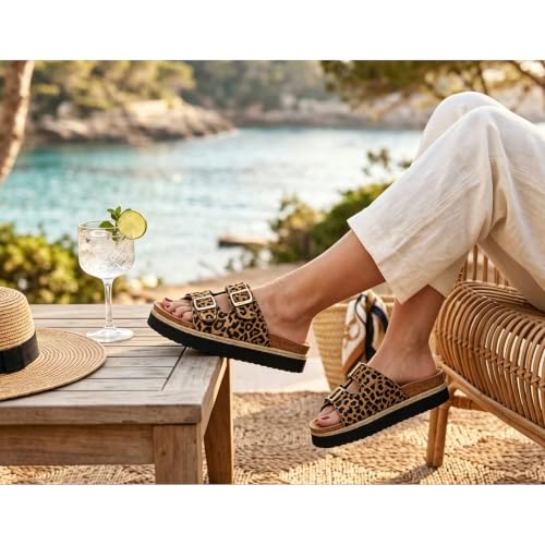 Image of PepStep Slide Sandals for Women with Soft Cork Footbed and Strap, Ladies Fashion Platform Slide Sandals Comfortable Slip On Style