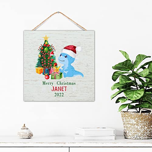 Cadeau Premier Noël Bébé 2022 : Tableau vertical en bois avec dinosaure tridimensionnel
