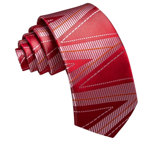 Image of Barry.Wang Mens Ties Silk Red Silver Striped Plaid Checkered Woven Neckties and Tie Clip Set Formal Business Wedding