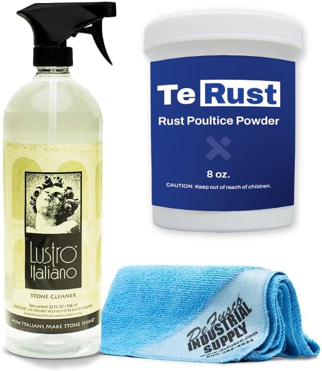 TeRust Rust Remover 8 oz - Remove Rust Stains Out of Granite and Marble - Lustro Italiano Counter top Cleaner 32oz - 16x16 Microfiber Cloth - Bundle - 3 Items
