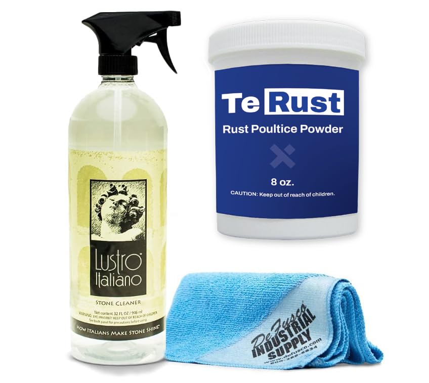 Tenax TeRust Rust Remover 8 oz - Remove Rust Stains Out of Granite and Marble - Lustro Italiano Counter top Cleaner 32oz - 16x16 Microfiber Cloth - Bundle - 3 Items