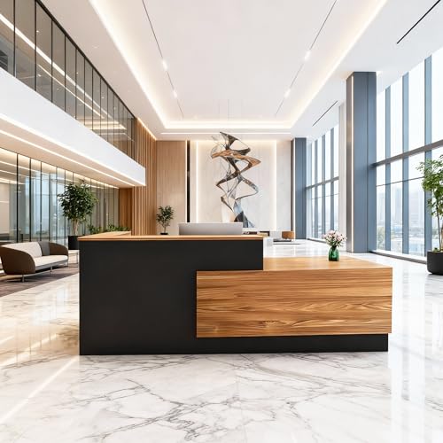 CHARON Reception Desk L Shaped with Counter Receptionist Front Desk with Lockable Drawers Commercial Reception Table for Office Wood Black Right 160cm/63inch