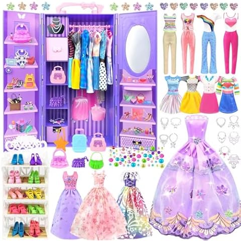 75 Pack Doll Clothes and Accessories with Doll Closet for 11.5 Inch Doll Fashion Design Kit Girl Doll Dress Up Including Wedding Dress Fashion Dress Outfits Tops and Pants Shoes Hangers Bags Necklaces Cover