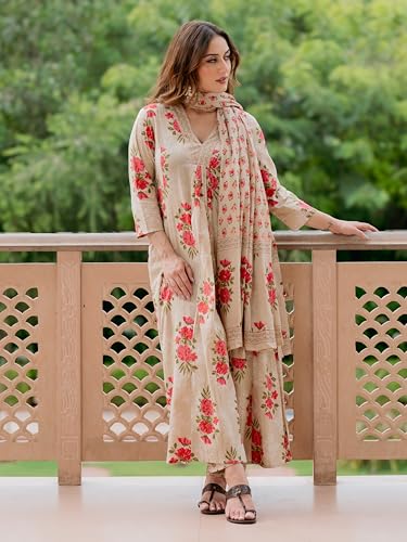 Image of Arayna Women's Pure Cotton Floral Printed Kurta Pant Dupatta Set | Elegant Ethnic Suit Set with Soft Floral Motifs | Straight Fit 3-Piece Set for Women