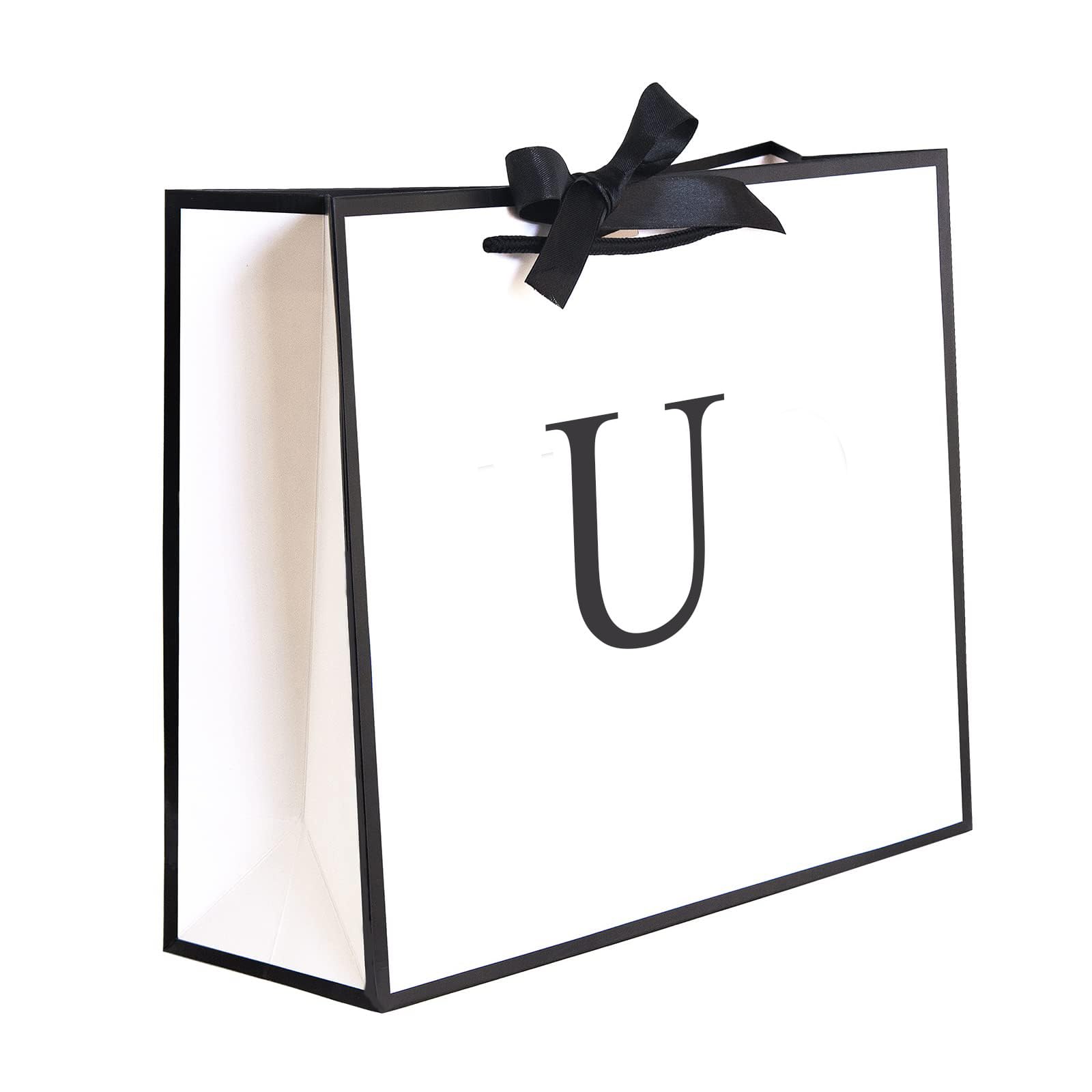 QLSKO Initial Gift Bag with Bow Ribbon Personalized Horizontal Paper Bag Monogrammed Birthday Gifts for Women Men (U-Medium)