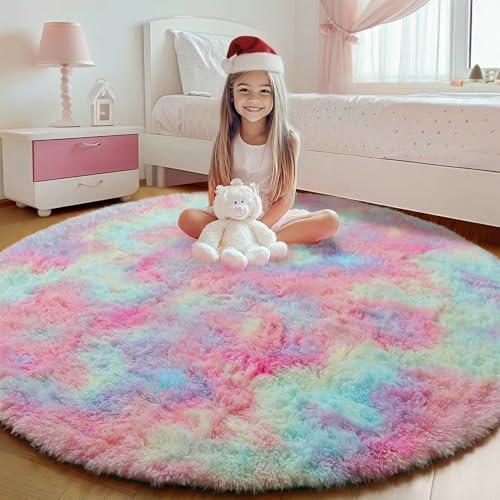 Image of ONASAR Rainbow Round Area Rug 4ft, Soft Bedroom Circle Rugs Mats for Kids Girls Teen Room, Kawaii Fluffy Plush Shaggy Carpet for Baby Nursery Living Room Playroom Home Decor Princess Castle