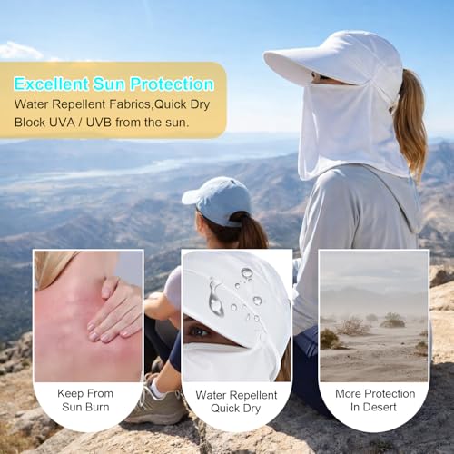 Image of Women Wide Brim Face Mask Sun Hat Detachable Neck Face Flap Ponytail UV Protection Visor Hat Garden Fishing Hiking