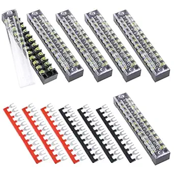 Hilitchi 12pcs 600V 15A 12 Position Double Row Screw Terminal Strip and 400V 10A 12 Postions Red/Black Pre Insulated Terminal Barrier Strip