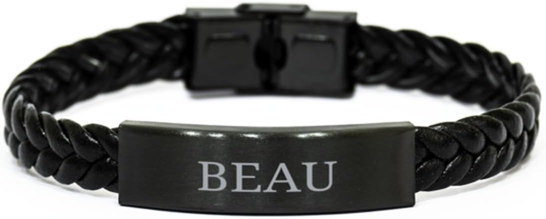 PARN'S Gifts For Beau - Trendy Custom Name ID Plate Braided Leather Bracelet Christmas Birthday Gifts For Son Brother Dad Husband Grandson Uncle Friends Boy Teanager Men, Engraved Adjustable