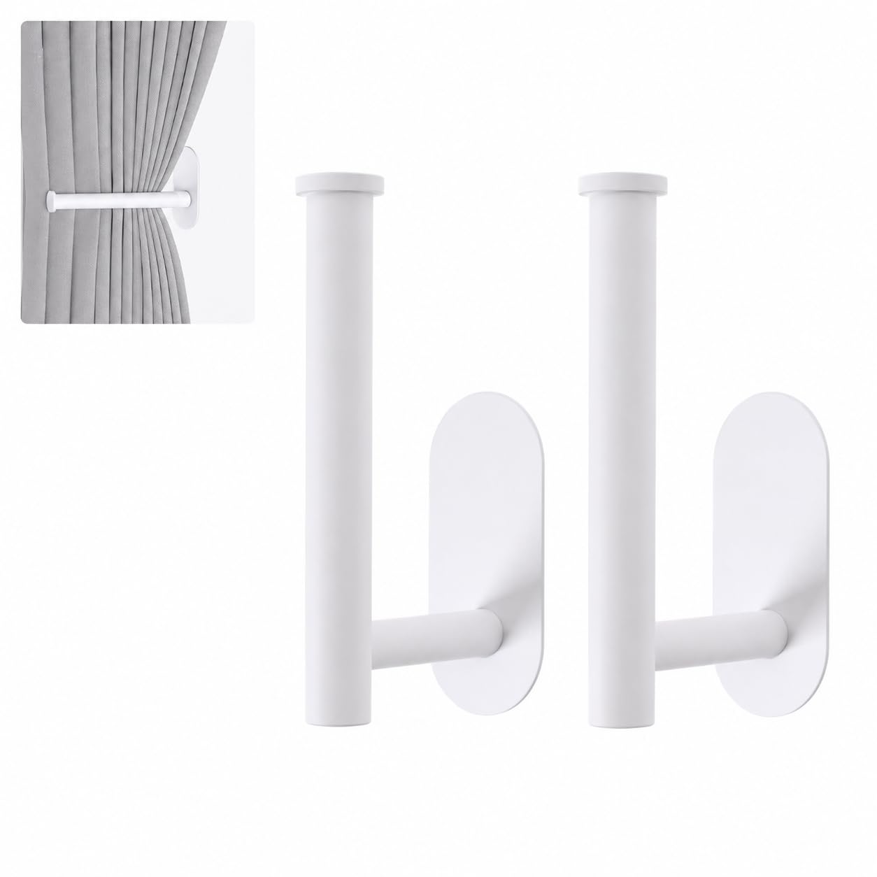 Adhesive Curtain Holdbacks No Drill Tie Backs Hooks for Drapes, Damage-Free Wall Mounted Curtain Holders with Strong Adhesive (white-2,16 * 8.2cm)