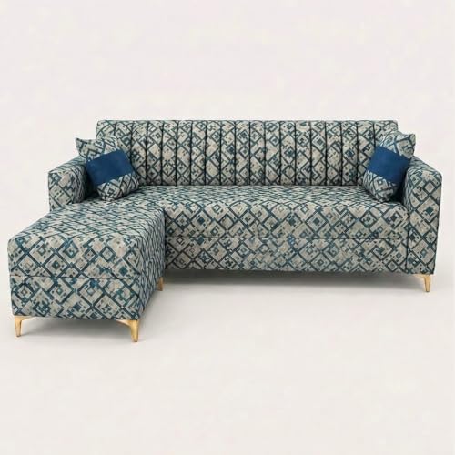 Image of FURNY Signature Regalia 4-Seater L-Shape Sofa Set with Movable Ottoman | Flexible LHS /RHS Layout | Tapestry Fabric | 40D Foam + Zigzag Spring | 3-Yr Warranty (Lagoon Mosaic Blue)