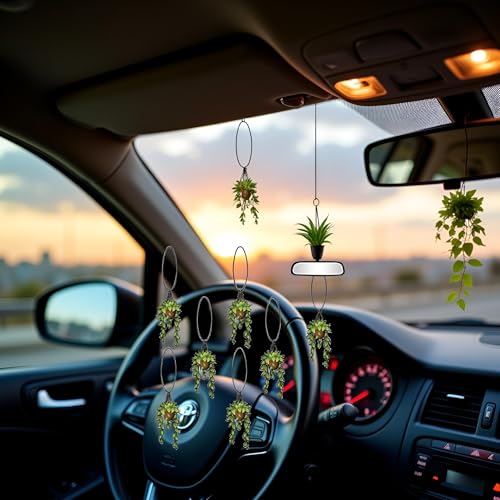 Image of 6 Pcs Plants Car Air Fresheners, Funny Plants Hanging Car Air Fresheners Long Lasting Cute Mirror Scented Hanging Decoration Ornaments Gift Interior Accessories for Men Women