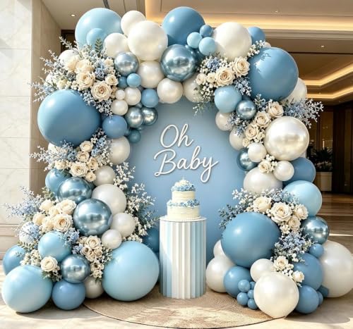 Image of Dusty Blue Balloon Garland Double Stuffed Pastel Slate Blue White Balloons | Pearl Sand Balloon Arch Kit for Baby Shower Birthday Bridal Wedding Graduation Engagement Party Decorations