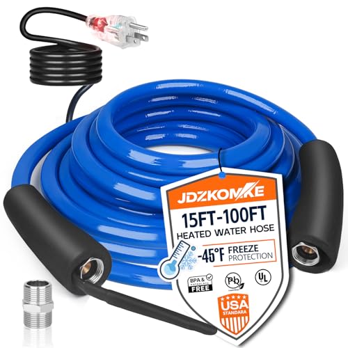 JDZKOMKE 15FT 25T Heated RV Water Hose - Freeze Protection Down to -45°F, Heavy-Duty PVC & Brass Fittings, 1/2' ID Lead-Free Hose for Camping/Poultry Farms