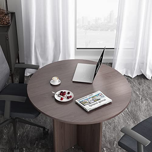 Cuhome Round Conference Table, 35.4" Small Commercial Meeting Table For Business, Office Table With X-Shaped Wood Base (Walnut) #TOP4