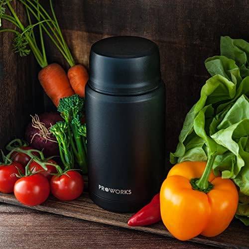 Proworks Vacuum Insulated Food Flask With Thermal Stainless Steel & Folding Spoon for Hot or Cold Food - Black - 750ml