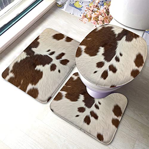 Badezimmerteppich-Set, 3-teilig, brauner Kuhfell-Druck, waschbare Badeteppiche, rutschfest, mit Rückenpolster, Konturteppich und Toilettendeckelbezug
