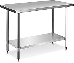 GIANTEX Tavolo da lavoro in acciaio inox a 2 livelli, tavolo da cucina in acciaio inox con ripiano regolabile in altezza, tavolo per la preparazione degli alimenti, piedini regolabili, 122x61x89 cm