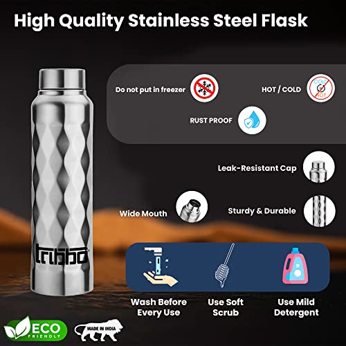 Image of TRIBBO Stainless Steel Water Bottle 1 litre, Water Bottles For Fridge, School,Gym,Home,office,Boys, Girls, Kids, Leak Proof(SILVER,SIPPER CAP, SET OF 1, 1000 ML Model-diamond)