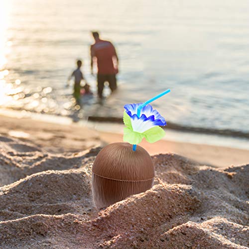 PREXTEX Coconut Cups with Flower Straws & Twist Close Lids (18 Pack, 16oz) for Luau Party Decorations, Pool Parties, Tropical Tiki Parties, Summer, Hawaiian Themed Party Decorations