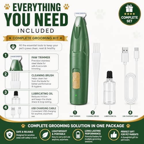 Image of AJIGNA MART Pet Paw Trimmer for Dogs & Cats, Professional Pets Grooming Clipper with LED Light, USB Rechargeable Cordless Low Noise Pet Hair Trimmer for Paw Pads, Face, Eyes, Ears & Sanitary Areas
