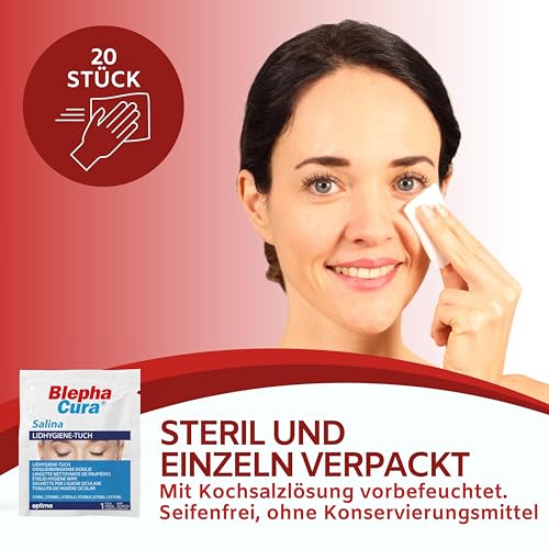 BlephaCura Salina 20x Tücher zur Augenreinigung und Lidhygiene, 100% Viskose, sterile befeuchtete Einmaltücher, Augen-Reinigungspads zur Augenpflege