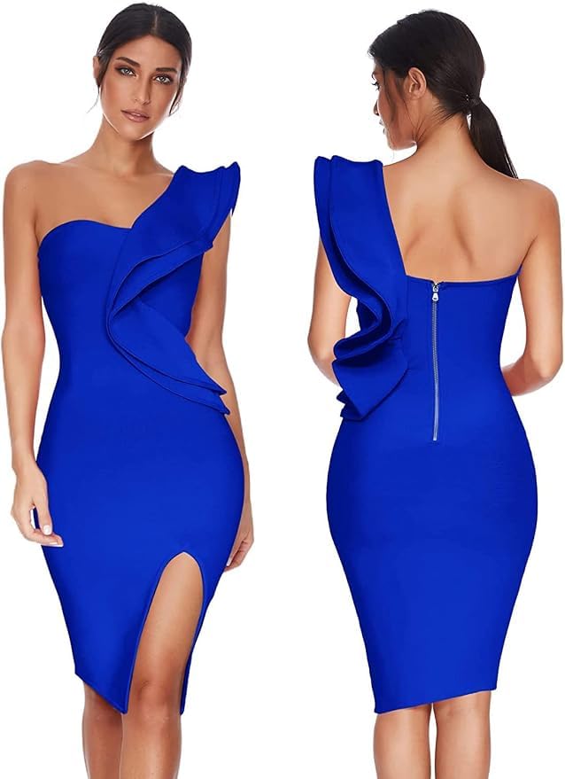 Image of One Shoulder Ruffle Dress Side Split Bodycon Bandage Dress Wedding Guest Dress