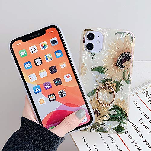 Qokey Iphone Xs Max Case,Floral Case Cute Fashion For Women Girls With 360 Degree Rotating Ring Stand Holder Kickstand Soft Tpu Shockproof Cover For Iphone Xs Max 6.5 Inch Leaf Sunflower #TOP2