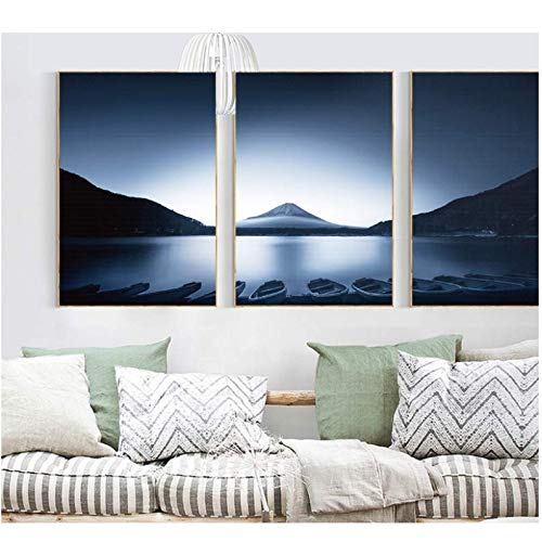Tableau toile lac et bateau triptyque zen pour chambre zen